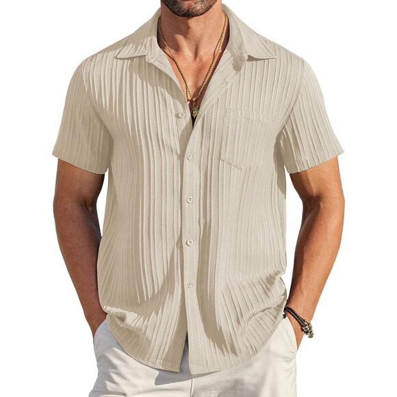 Men's Tan Short Sleeve Knit Shirt Casual Button Down Shirt Vintage Beach Tops - Picture 1 of 7